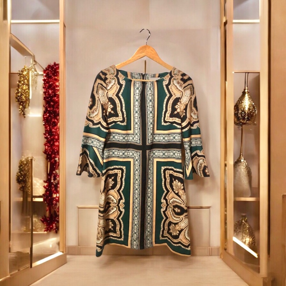 New York & Company Green and Gold Patterned Dress